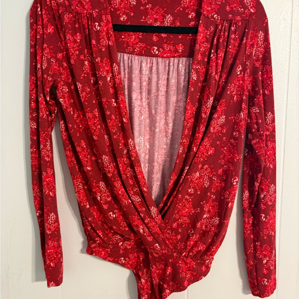 Free People Red Floral Long Sleeve Bodysuit